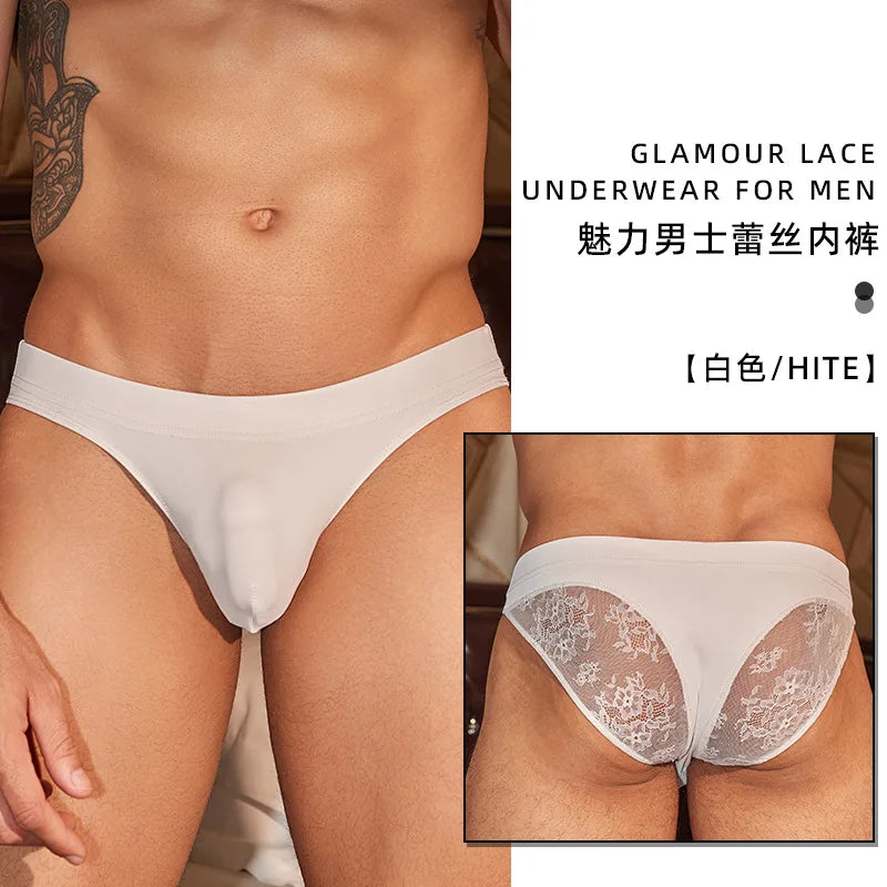 Men's Underwear Lace Sexy Lingerie Erotic Briefs Man Convex Pouch Underpants Low Waist Perky Transparent Male Triangle Panties