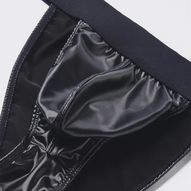 Sexy Men Underwear Briefs Underpants Faux Leather Men's Briefs Bikini Slips Hombre U Pouch Wide Belt  Male Panties Cuecas