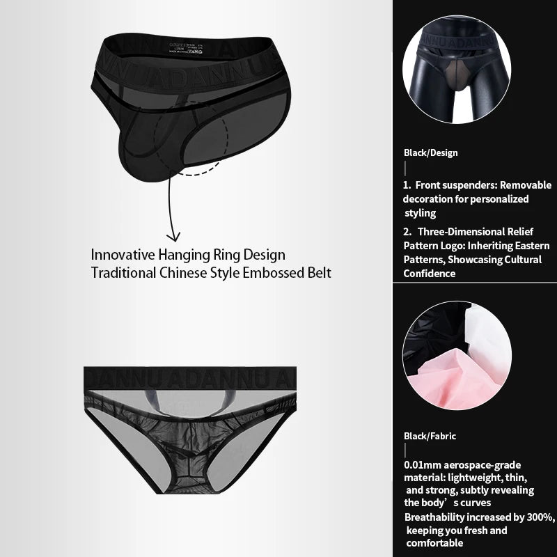 New Men's Transparent Underwear Sexy Low Waist Briefs With Rings U convex Pouch Man Comfortable Underpants Male Panties